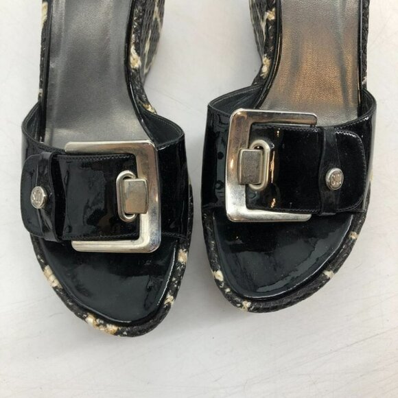Stuart Weitzman Clipper Giraffe print platform wedge slides black leather size X - Picture 6 of 12